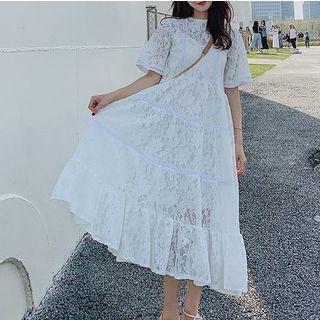 Set: Short-sleeve Maxi Lace Dress + Spaghetti Strap Dress
