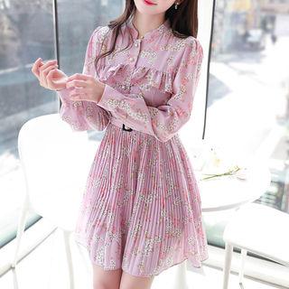 Frill-trim Pleated Floral Dress With Belt
