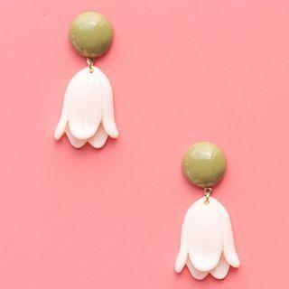 Flower Drop Earring 1 Pair - 925 Silver Needle - Green & White - One Size
