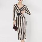 Long-sleeve V-neck Striped Midi Pencil Dress