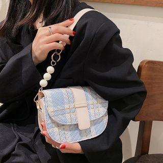 Plaid Beaded Flap Shoulder Bag