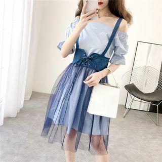 Set: Boatneck Plain Dress + Corset Mesh Dress