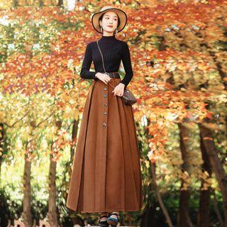 Set: Lettuce Edge Mock Neck Long-sleeve Knit Top + Buttoned Maxi A-line Skirt