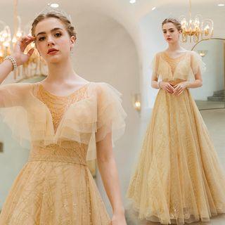 Beaded Ruffled Evening Gown