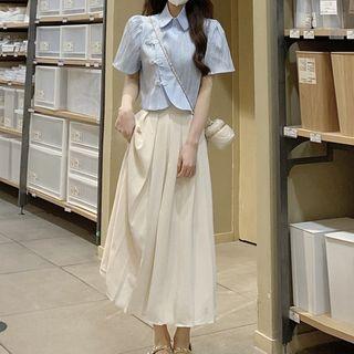 Short-sleeve Frog Buttoned Blouse / A-line Skirt / Set