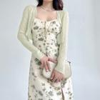 Spaghetti-strap Floral Slit Midi A-line Dress / Cropped Cardigan