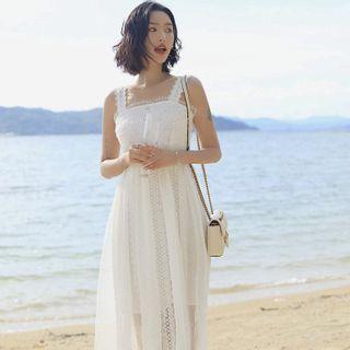 Lace Trim Wide Strap Mesh Midi A-line Dress