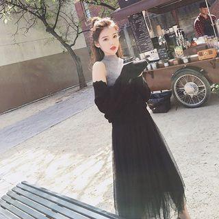 V-neck Sweater / Sleeveless Paneled Midi Mesh Dress / Set