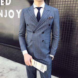 Set: Striped Double Breasted Blazer + Dress Pants + Vest