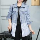 Mock Two-piece Striped Panel Denim Jacket Light Blue - M