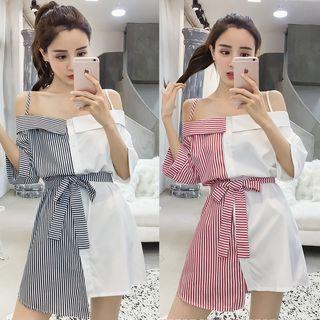 Color Block Off-shoulder Long Shirt