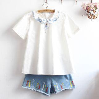 Embroidered Short Sleeve Collared Top
