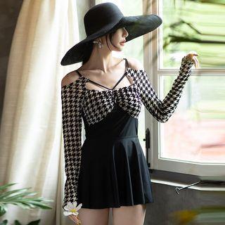 Long-sleeve Cold Shoulder Houndstooth Swimdress