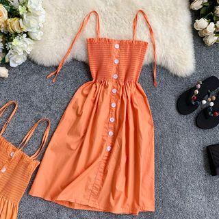 Shirred Spaghetti Strap Dress Orange - One Size
