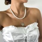 Embossed Pendant Layered Faux Pearl Alloy Necklace 2692 - Silver - One Size