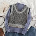 Long-sleeve Mock-neck Knit Top / Frayed Tweed Sweater Vest