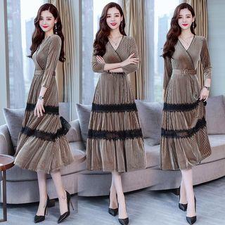 V-neck Lace Panel A-line Dress