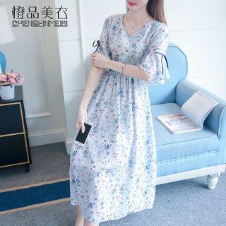 V-neck Bell-sleeve Floral Chiffon A-line Midi Dress