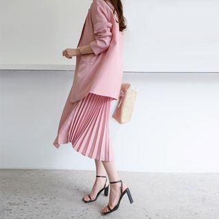 Satin Office Look Set: Longline Blazer + Pleat Skirt