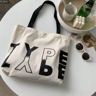 Lettering Canvas Tote Bag Black Strap - Beige - One Size