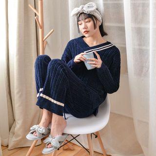 Loungewear Set: Contrast-trim V-neck Pullover + Pants