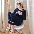 Loungewear Set: Contrast-trim V-neck Pullover + Pants