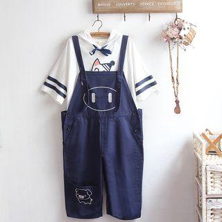 Printed Striped Hooded Elbow-sleeve T-shirt / Pig Embroidered Cropped Jumper Shorts / Set