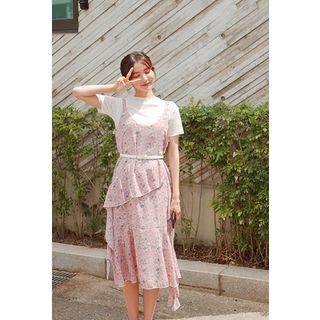 Set: Round-neck T-shirt + Spaghetti-strap Chiffon Dress