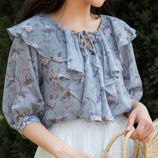 Floral Elbow-sleeve Chiffon Top Blue - One Size