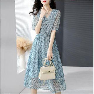 Elbow-sleeve V-neck Plaid Midi A-line Dress