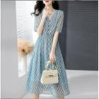 Elbow-sleeve V-neck Plaid Midi A-line Dress