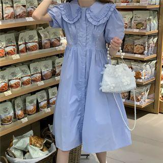 Short-sleeve Ruffle Trim Peter Pan Collar Dress Blue - One Size
