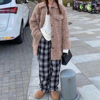 Long-sleeve Plain Fleece Jacket / Plaid Wide-leg Pants