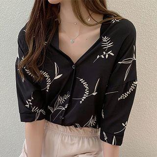 Leaf Print Elbow-sleeve Chiffon Blouse