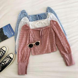 Plain Perforated Square-neck Long-sleeve Blouse