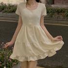 Short-sleeve Square Neck Tiered Mini A-line Dress