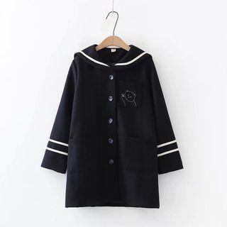 Bear Embroidered Sailor Collar Coat Navy Blue - One Size