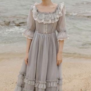 Short-sleeve Ruffled Mesh Overlay Maxi A-line Dress