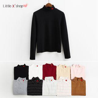 Mock-turtleneck Embroidered Slim T-shirt