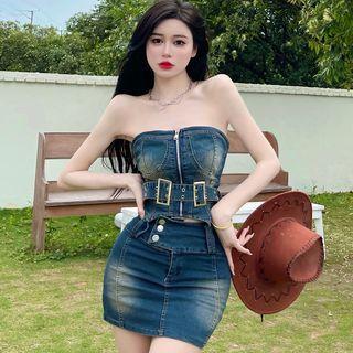 Set: Zip-up Denim Tube Top + Denim Pencil Skirt