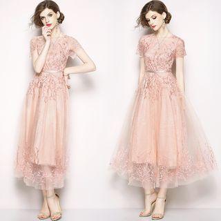 Short-sleeve Floral Embroidered Midi A-line Mesh Dress