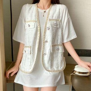 Elbow-sleeve Crew-neck T-shirt / Pocket Detail Vest