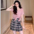 Short-sleeve Drawstring Waist T-shirt / Plaid Skirt