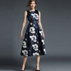 Gathered-waist Floral Print Sleeveless A-line Slim Dress