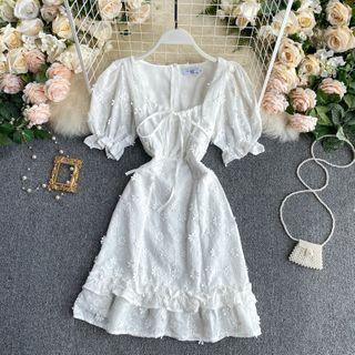 Lace-up Strap Puff Short-sleeve Flower Dress