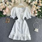 Lace-up Strap Puff Short-sleeve Flower Dress