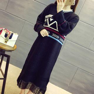 Patterned Fringed Sweater Dress