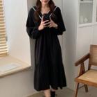 Puff-sleeve Shirred Midi A-line Dress Black - One Size