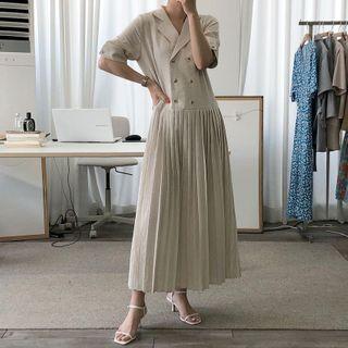 Short-sleeve Double-breasted Pleated A-line Midi Dress