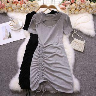 Short-sleeve Asymmetrical Drawstring Sheath Dress